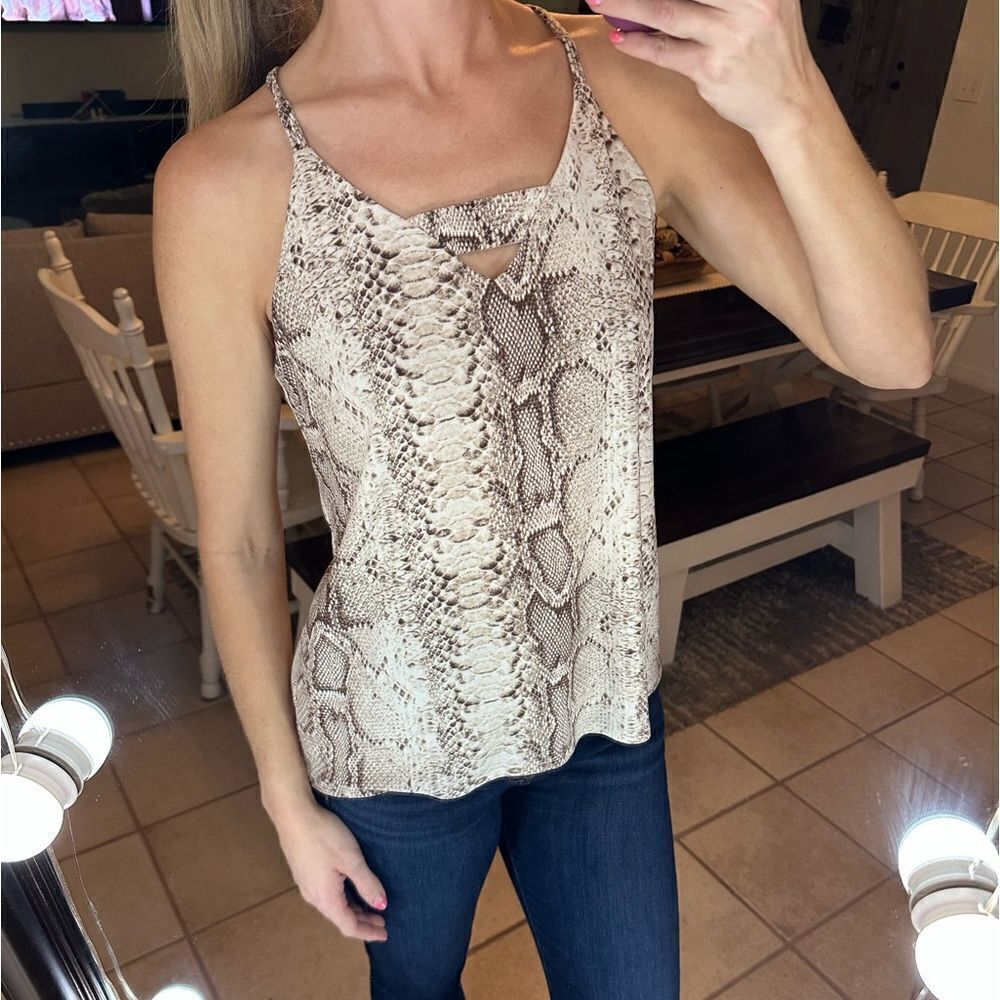 Bar III Brown Snakeskin Print Keyhole Tank Top